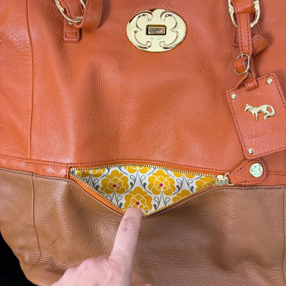 Emma Fox orange brown soft leather tote handbag. floral lining. satchel, purse